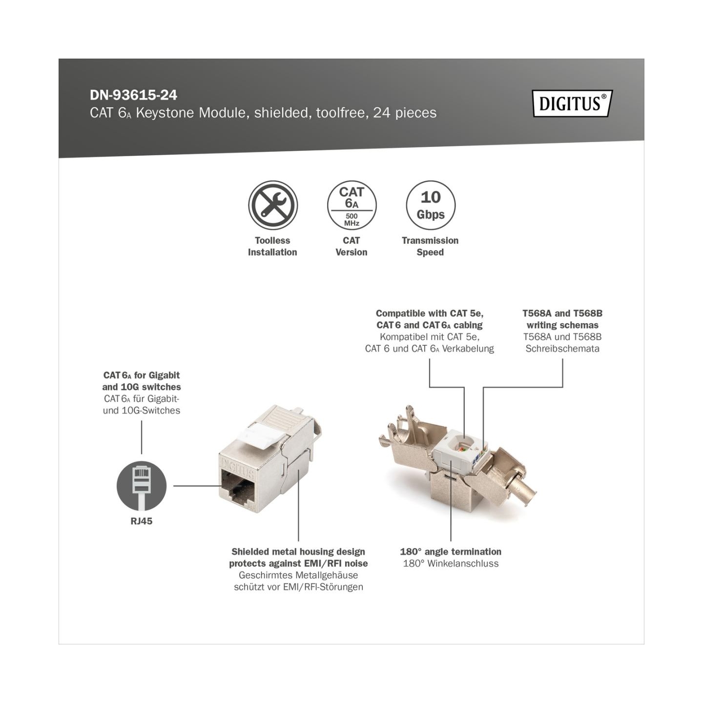 Digitus | Keystone Module | CAT 6A | 14.5 x 34.5 x 21.0 mm