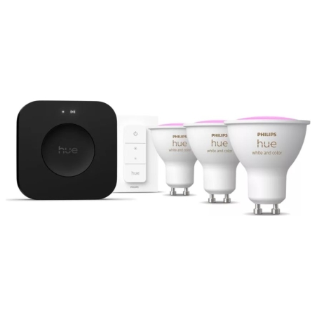 Philips Hue Starter set: 3 GU10 bulbs, dimmer switch, Hue Bridge Pro | GU10 | Zigbee, Wi-Fi, Bluetooth