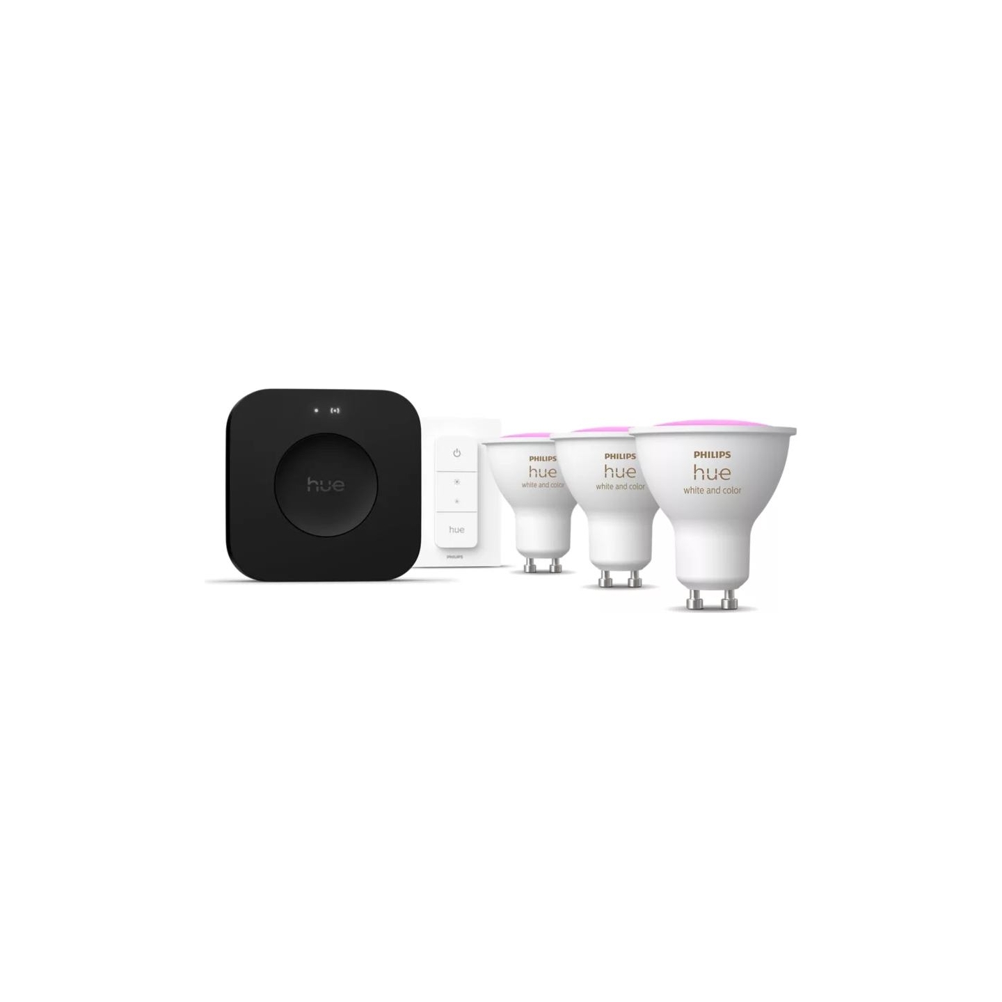 Philips Hue Starter set: 3 GU10 bulbs, dimmer switch, Hue Bridge Pro | GU10 | Zigbee, Wi-Fi, Bluetooth