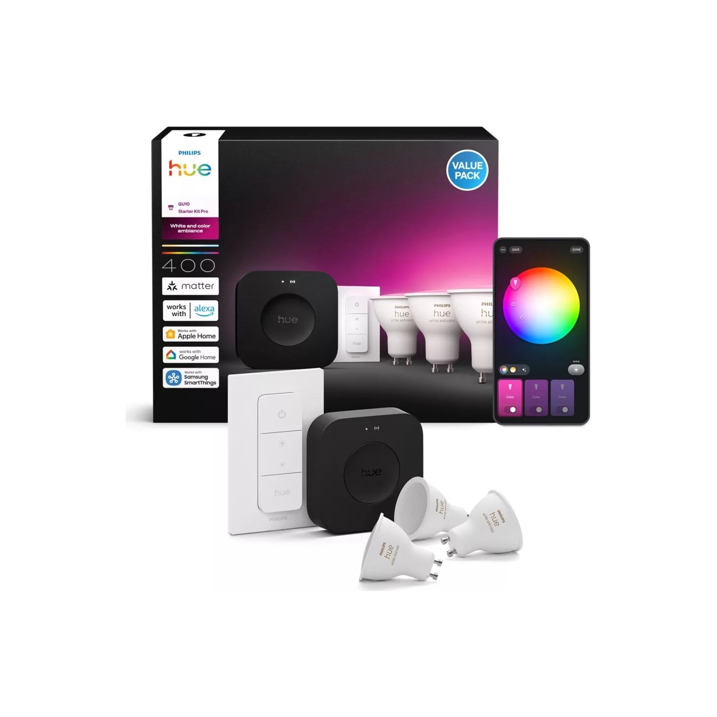 Philips Hue Starter set: 3 GU10 bulbs, dimmer switch, Hue Bridge Pro | GU10 | Zigbee, Wi-Fi, Bluetooth