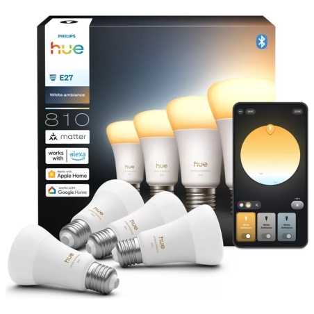 Philips Hue WA 810 A60 4P EU | E27 | 6 W | Warm to cool white light | Bluetooth and Zigbee