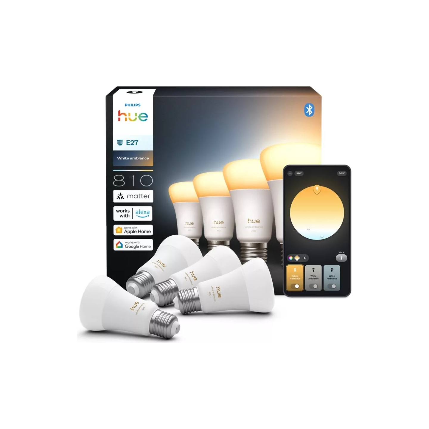 Philips Hue WA 810 A60 4P EU | E27 | 6 W | Warm to cool white light | Bluetooth and Zigbee