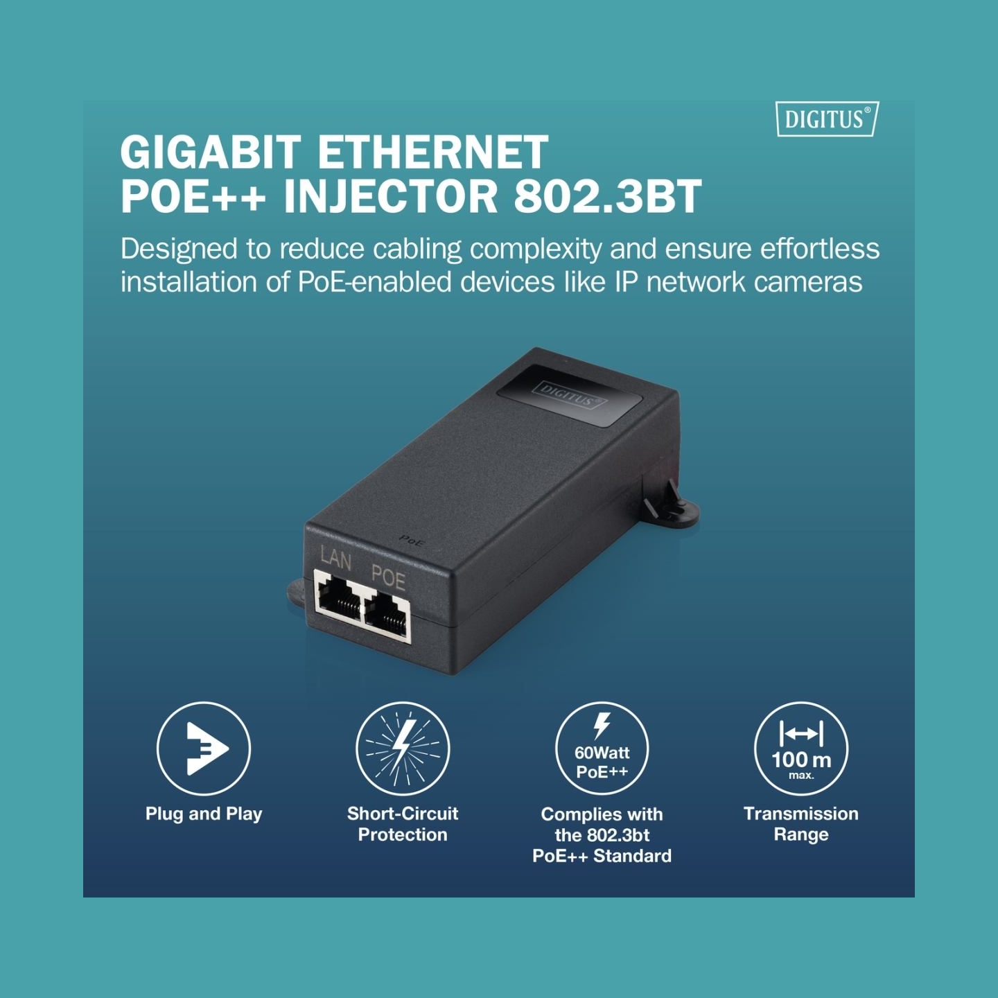 Digitus Gigabit Ethernet PoE++ injector, 802.3bt | DN-95104-1
