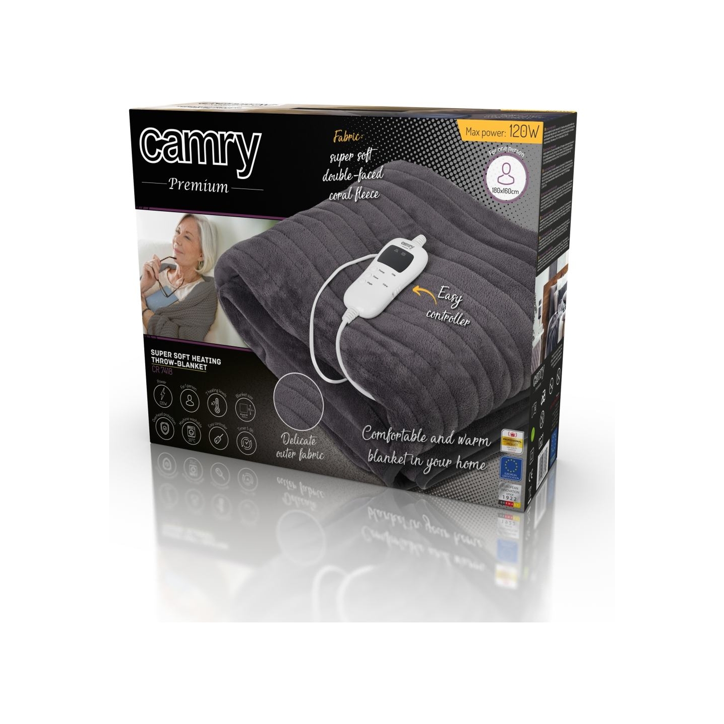 Camry | Electric blanket | CR 7418 | Number of heating levels 7 | Number of persons 1 | Washable | Coral fleece | 110-120 W | Br
