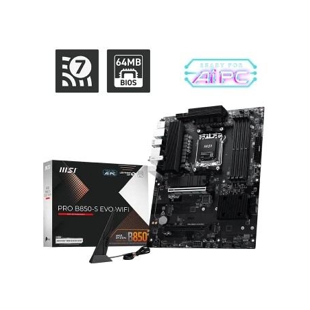 MSI PRO B850-S EVO WIFI | Processor family AMD | Processor socket AM5 | DDR5 | Supported hard disk drive interfaces SATA, M.2 | 