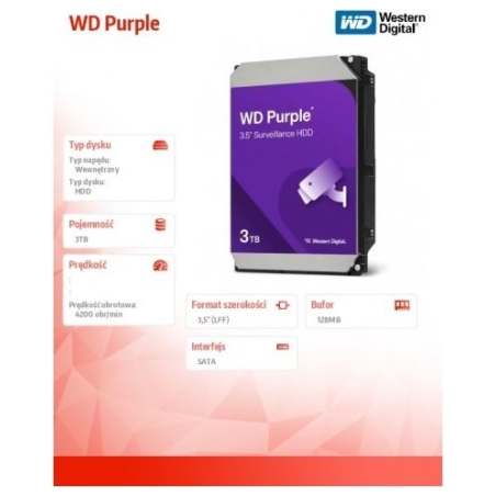 WD HDD|WESTERN DIGITAL|Purple|3TB|128 MB|3,5"|WD34PURZ