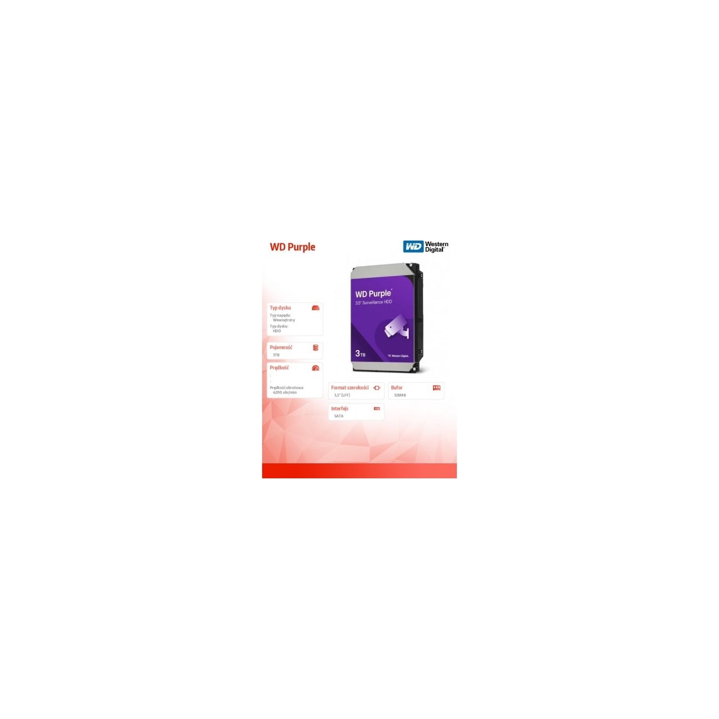 WD HDD|WESTERN DIGITAL|Purple|3TB|128 MB|3,5"|WD34PURZ
