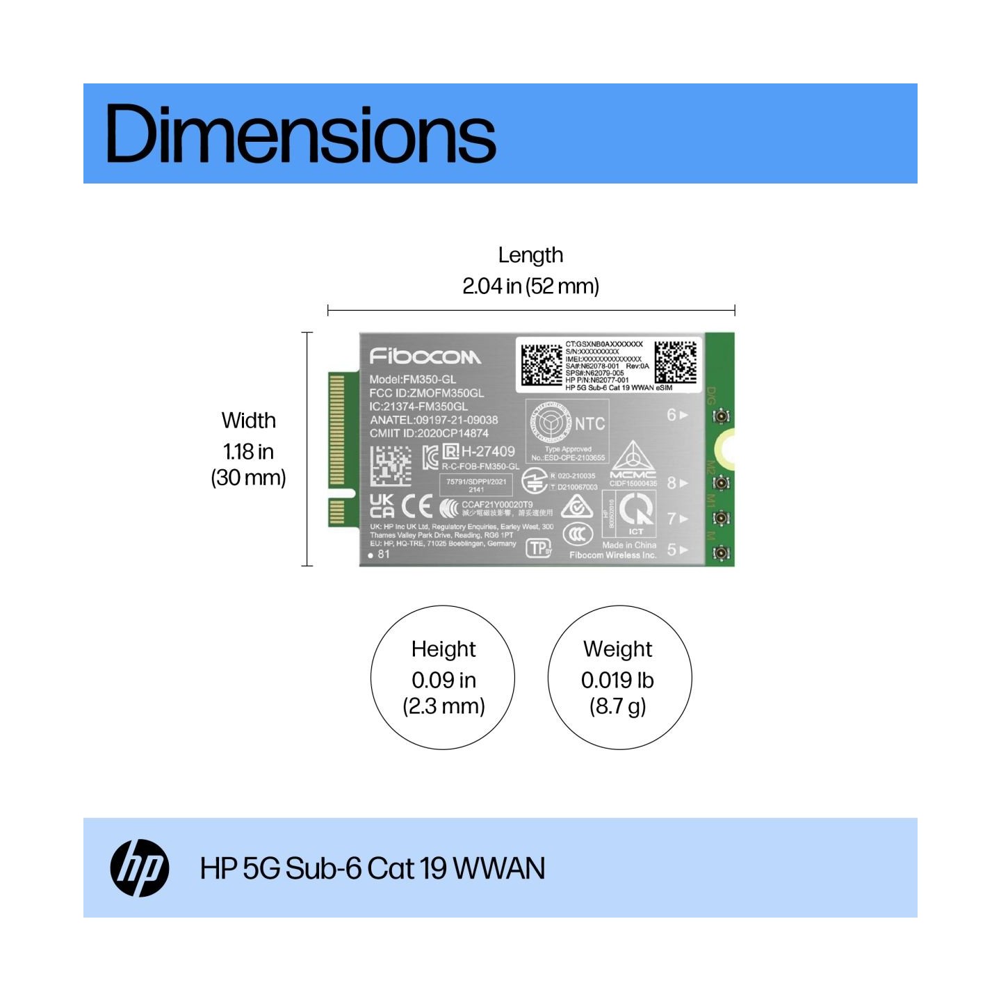 HP 5G Modem m.2 WWAN 4G/5G Sub-6 GHz FM350-GL Mobile Broadband Cellular (compatible with WWAN-ready EliteBook 830 835 840 845 86