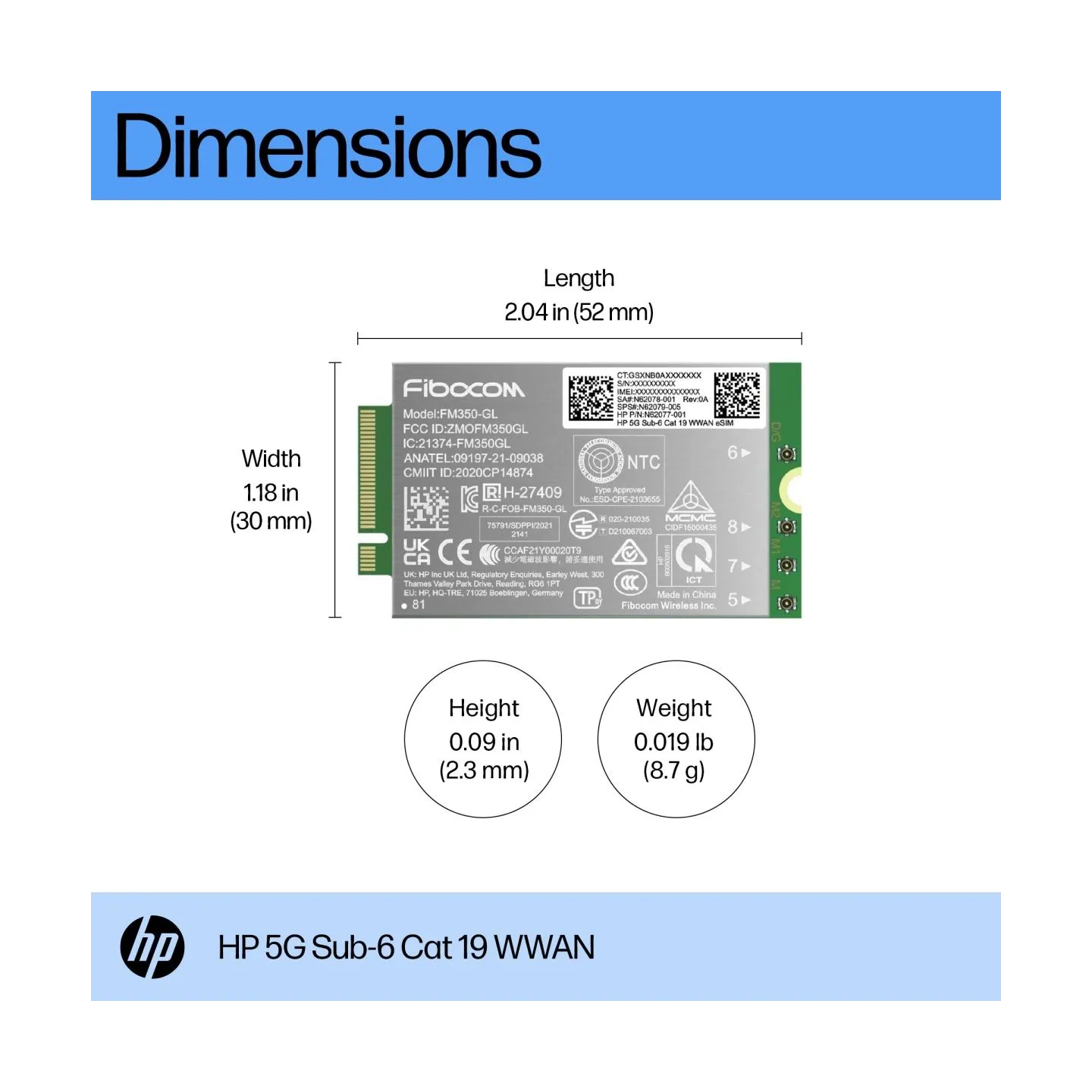 HP 5G Modem m.2 WWAN 4G/5G Sub-6 GHz FM350-GL Mobile Broadband Cellular (compatible with WWAN-ready EliteBook 830 835 840 845 86