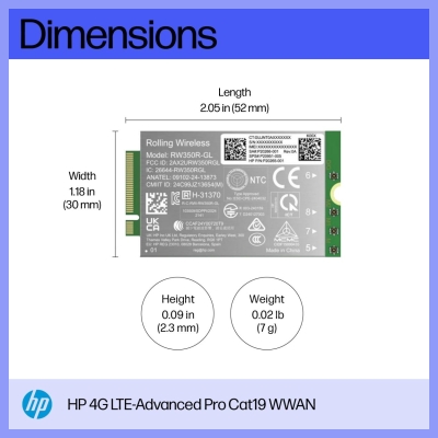 HP 4G LTE Modem m.2 WWAN Cat 19 Mobile Broadband Cellular (compatible with WWAN-ready EliteBook 8 X - G1i G1a - 13 14 16, Flip, 