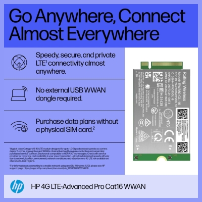 HP 4G LTE Modem m.2 WWAN Cat 16 Mobile Broadband Cellular (compatible with WWAN-ready ProBook EliteBook 4 6 - G1i G1a - 13 14 16