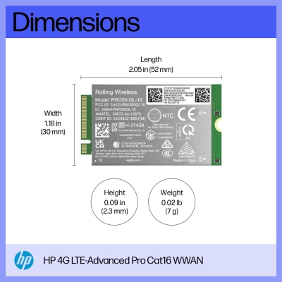 HP 4G LTE Modem m.2 WWAN Cat 16 Mobile Broadband Cellular (compatible with WWAN-ready ProBook EliteBook 4 6 - G1i G1a - 13 14 16