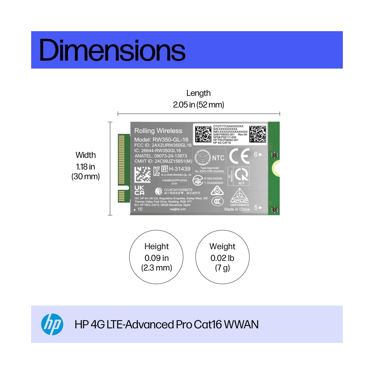 HP 4G LTE Modem m.2 WWAN Cat 16 Mobile Broadband Cellular (compatible with WWAN-ready ProBook EliteBook 4 6 - G1i G1a - 13 14 16
