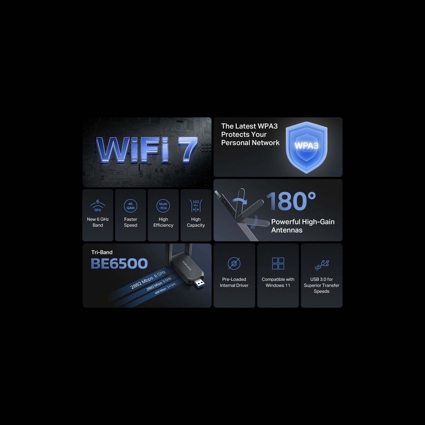Mercusys | MA37BEH | BE6500 Wi-Fi 7 High-Gain Wireless USB Adapter