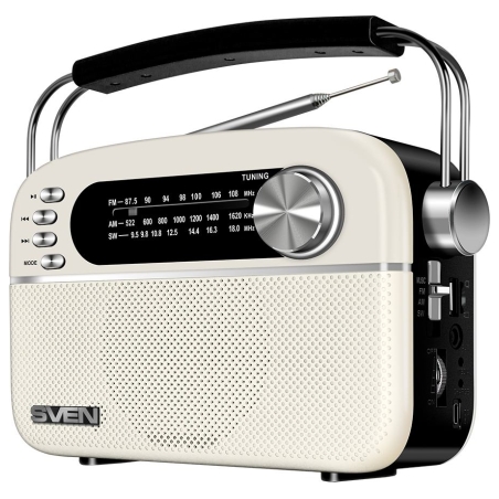 Sven Speaker SVEN SRP-505, white (3W, Bluetooth, FM/AM/SW, USB, microSD, AUX, battery)