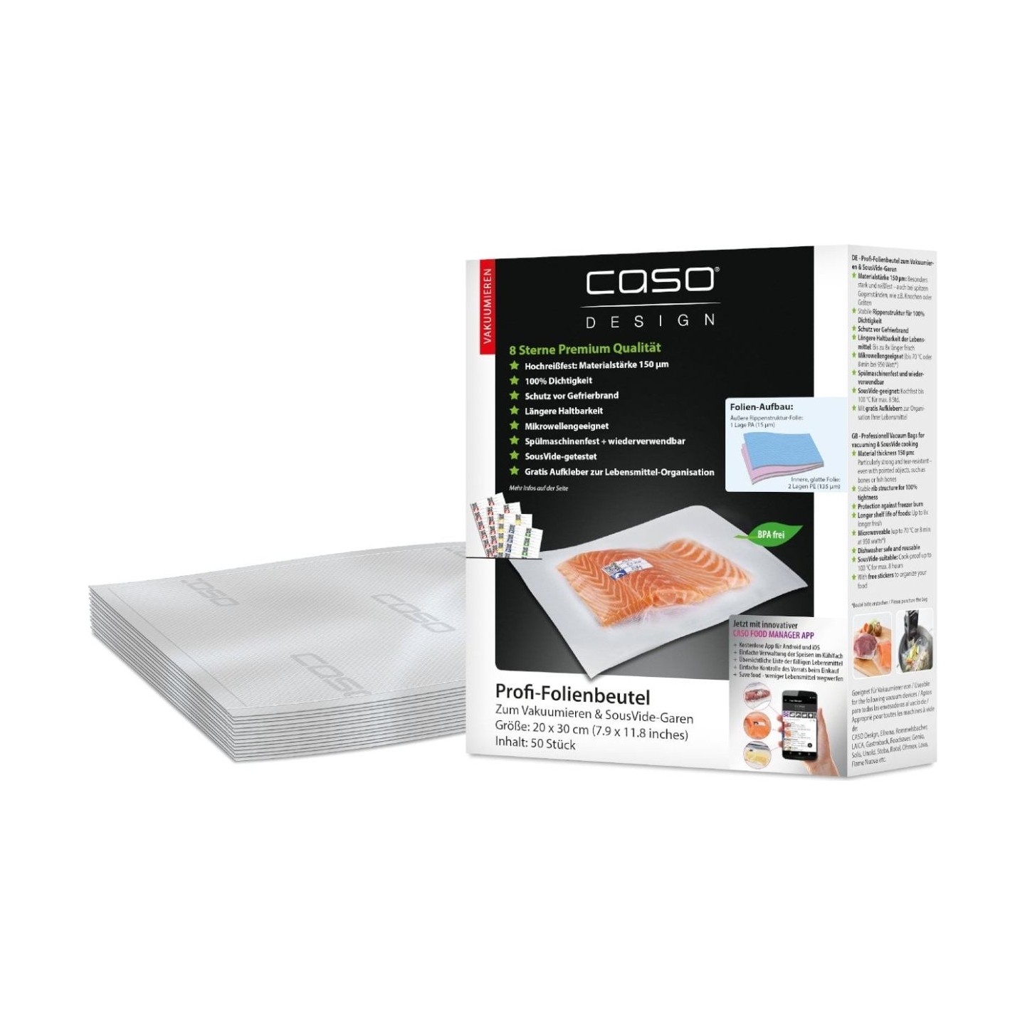 Caso | Foil Bags | 01219 | 50 units | Dimensions (W x L) 20 x 30 cm | Ribbed