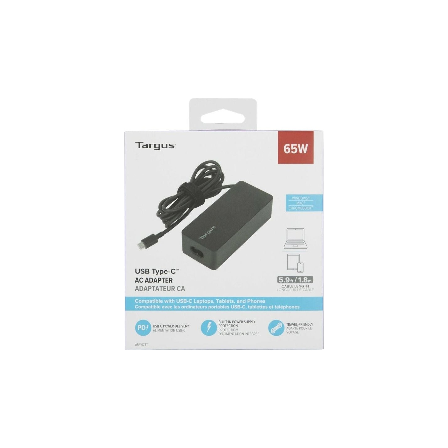 Targus | 65 W USB-C PD Charger - For Laptops or Power Pass-Thru Docks