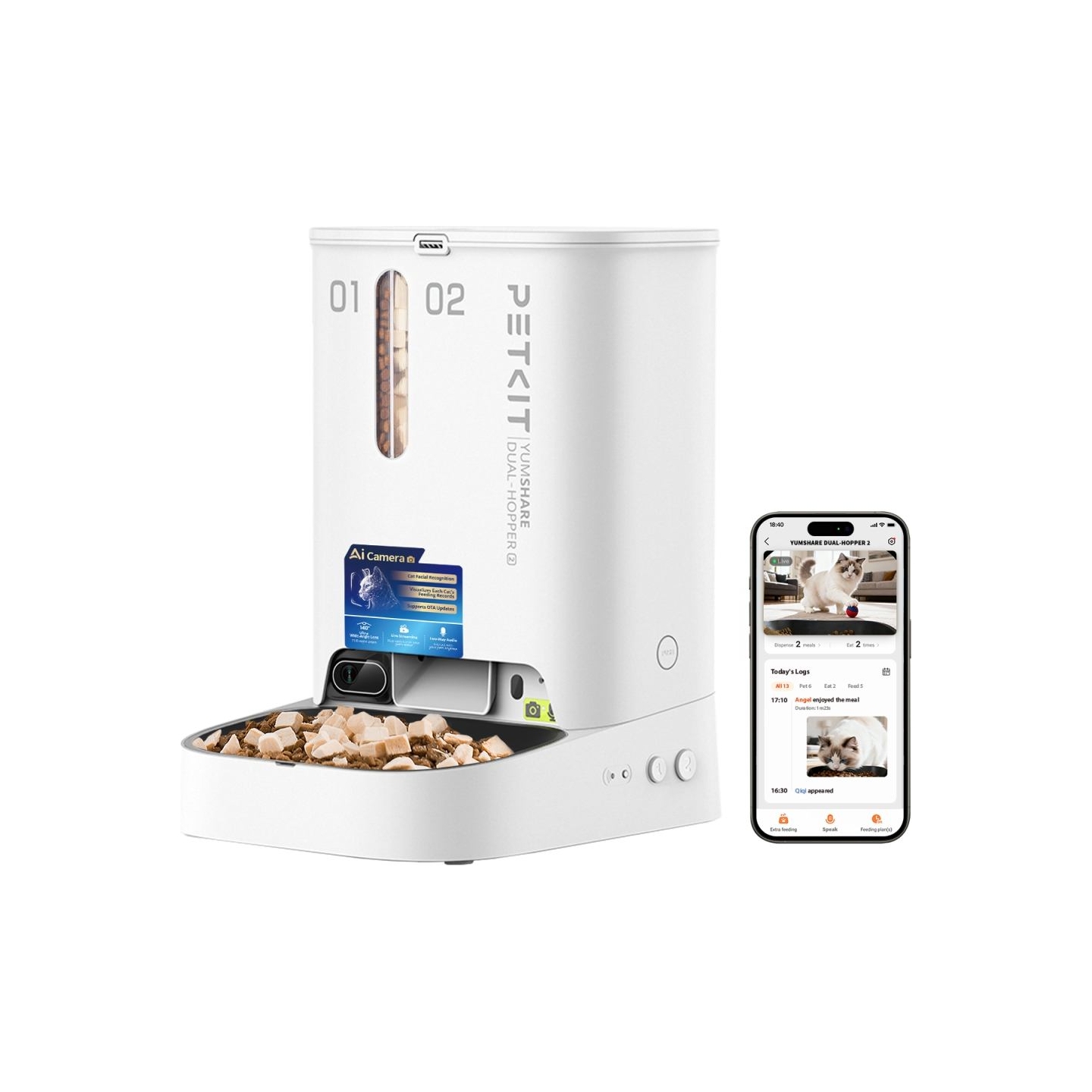 Petkit YumShare Dual-hopper 2 Automatic Feeder with Camera | Capacity 5 L | Material ABS, 304 stainless steel | White