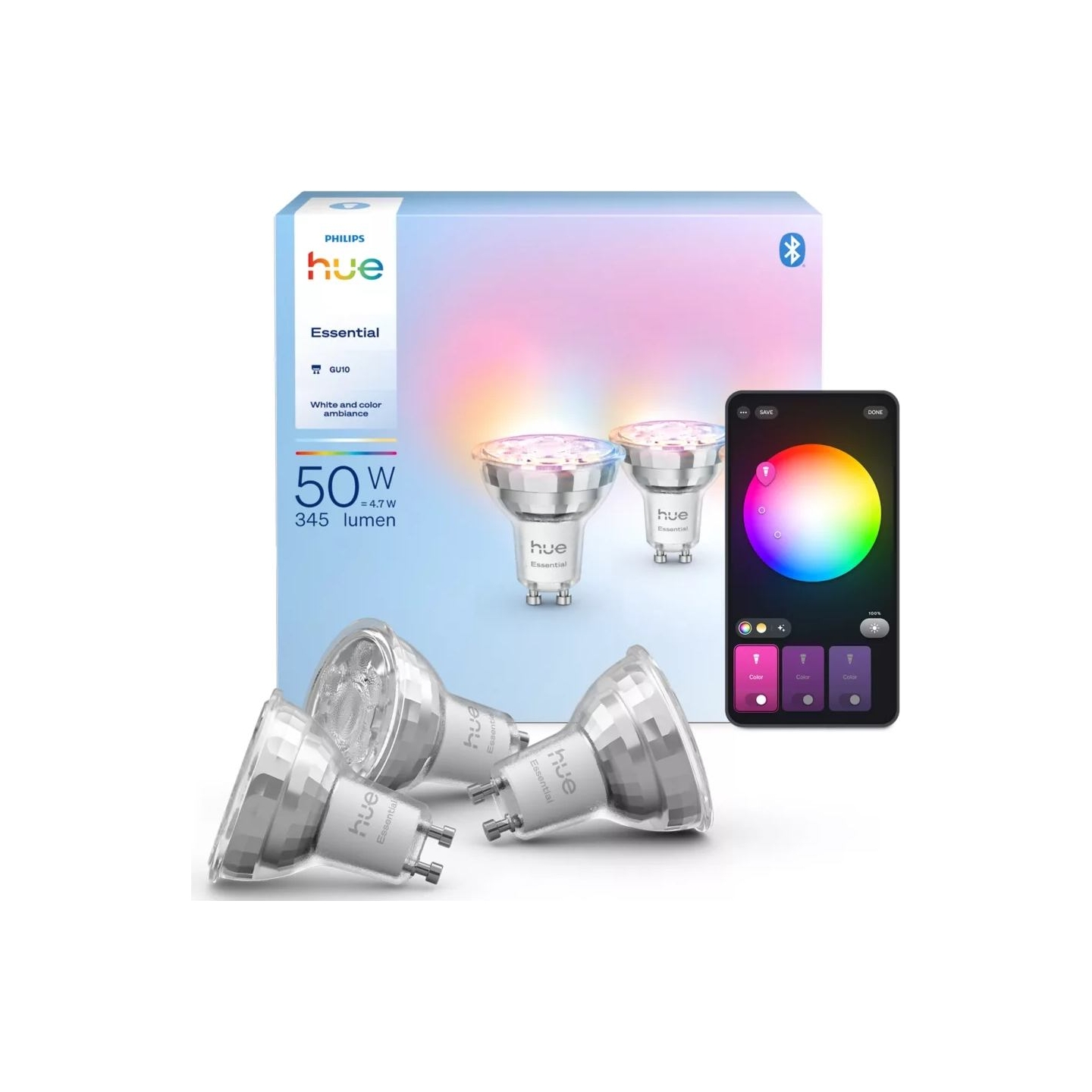 Philips Hue E WCA 345 GU10 3P EU | E27 | 8 W | 16 million colors, White and colored light