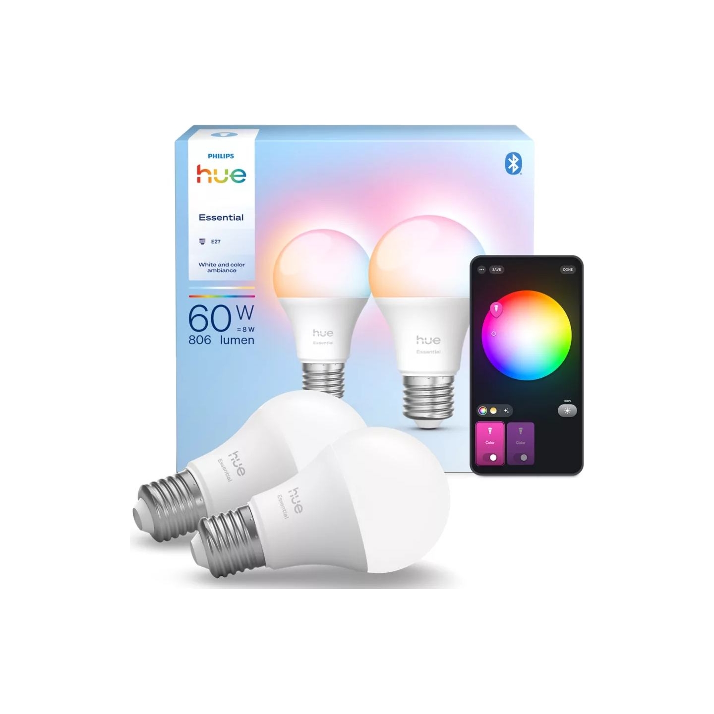 Philips Hue E WCA 806 A60 2P EU | E27 | 8 W | Bluetooth, Zigbee