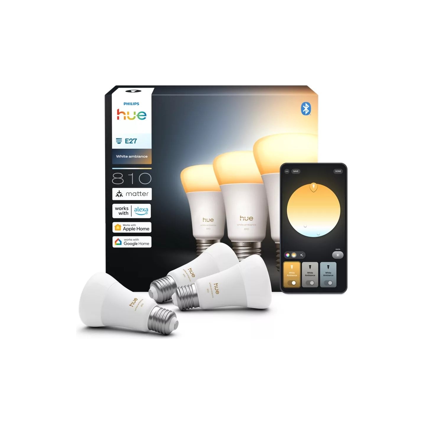 Philips Hue WA 810 A60 3P EU | E27 | 6 W | Warm to cool white light | Bluetooth, Zigbee