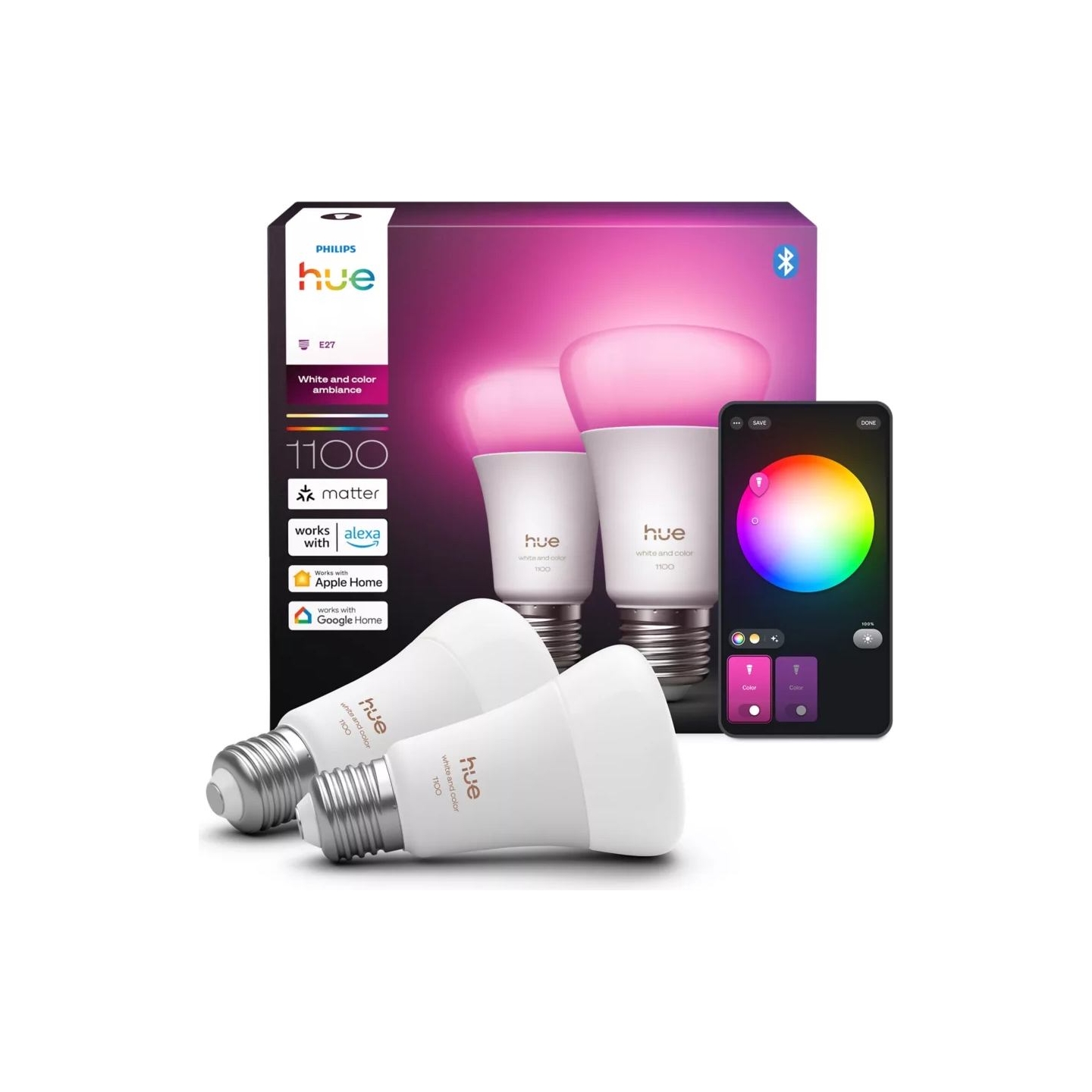 Philips Hue WCA 1100 A60 2P EU | E27 | 8.1 W | White and colour light | Bluetooth and Zigbee
