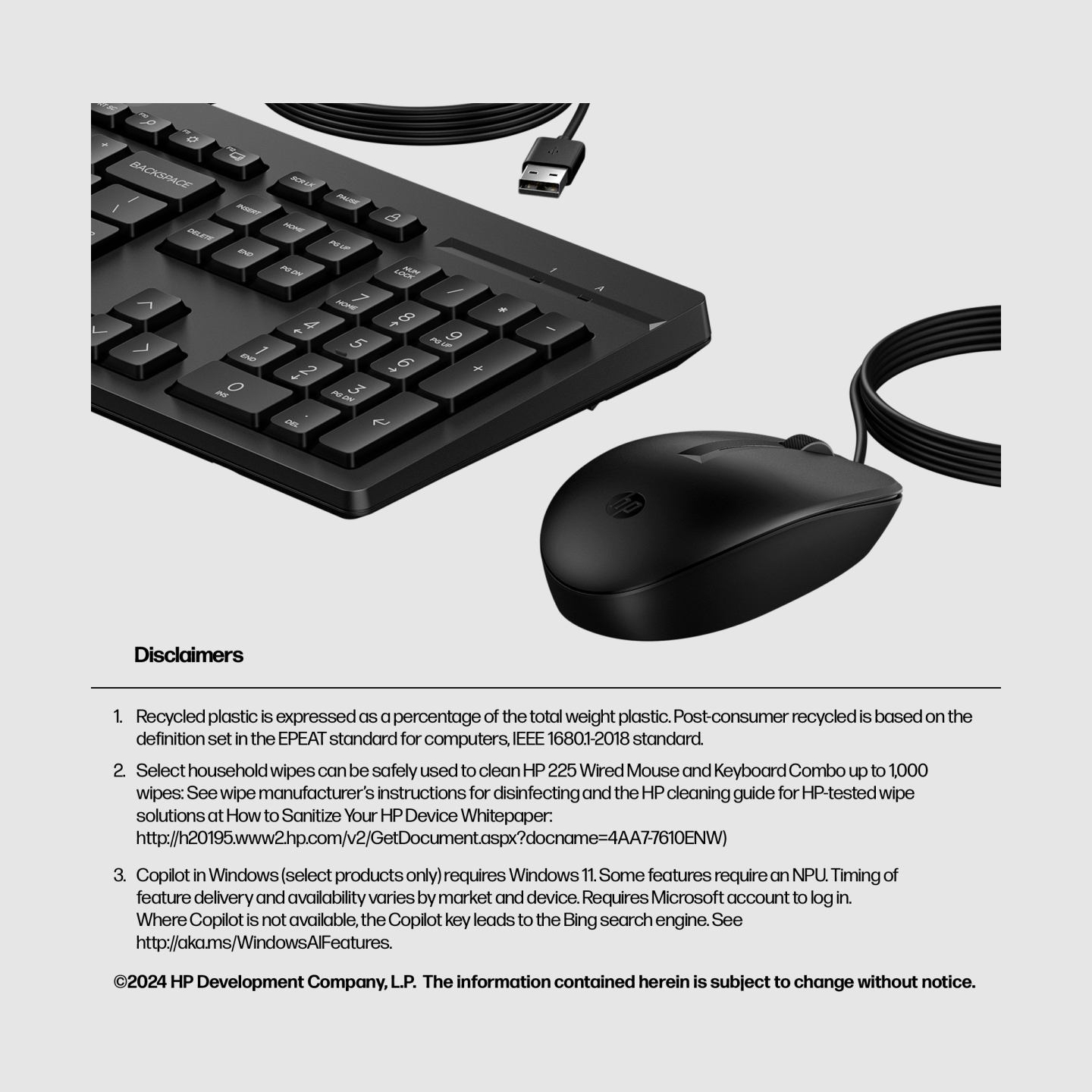 HP 225 G2 USB Wired Mouse Keyboard Combo, Copilot Key, spill resistant - Black - ESTONIAN / AX2Y7AA#ARK