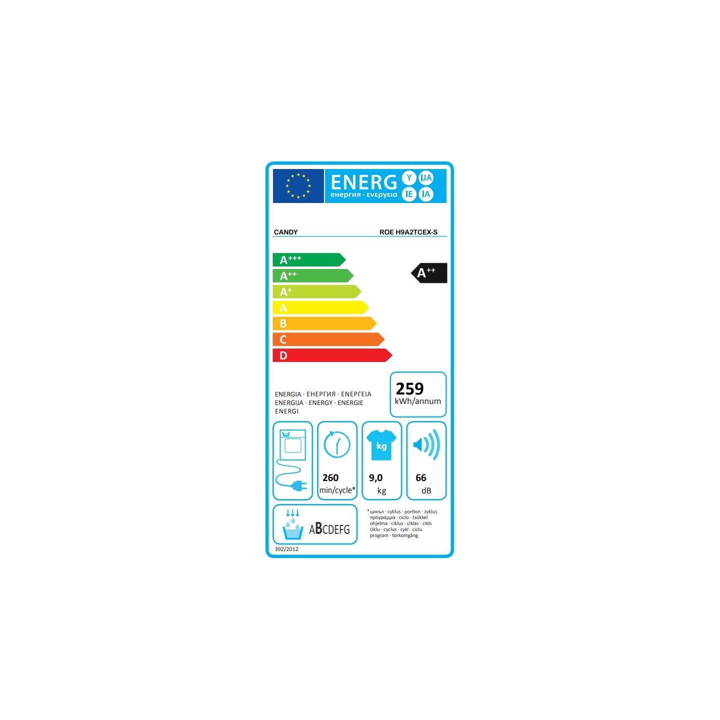 Candy | Dryer Machine | ROE H9A2TCEX-S | Energy efficiency class A++ | Front loading | 9 kg | Heat pump | Big Digit | Depth 58.5