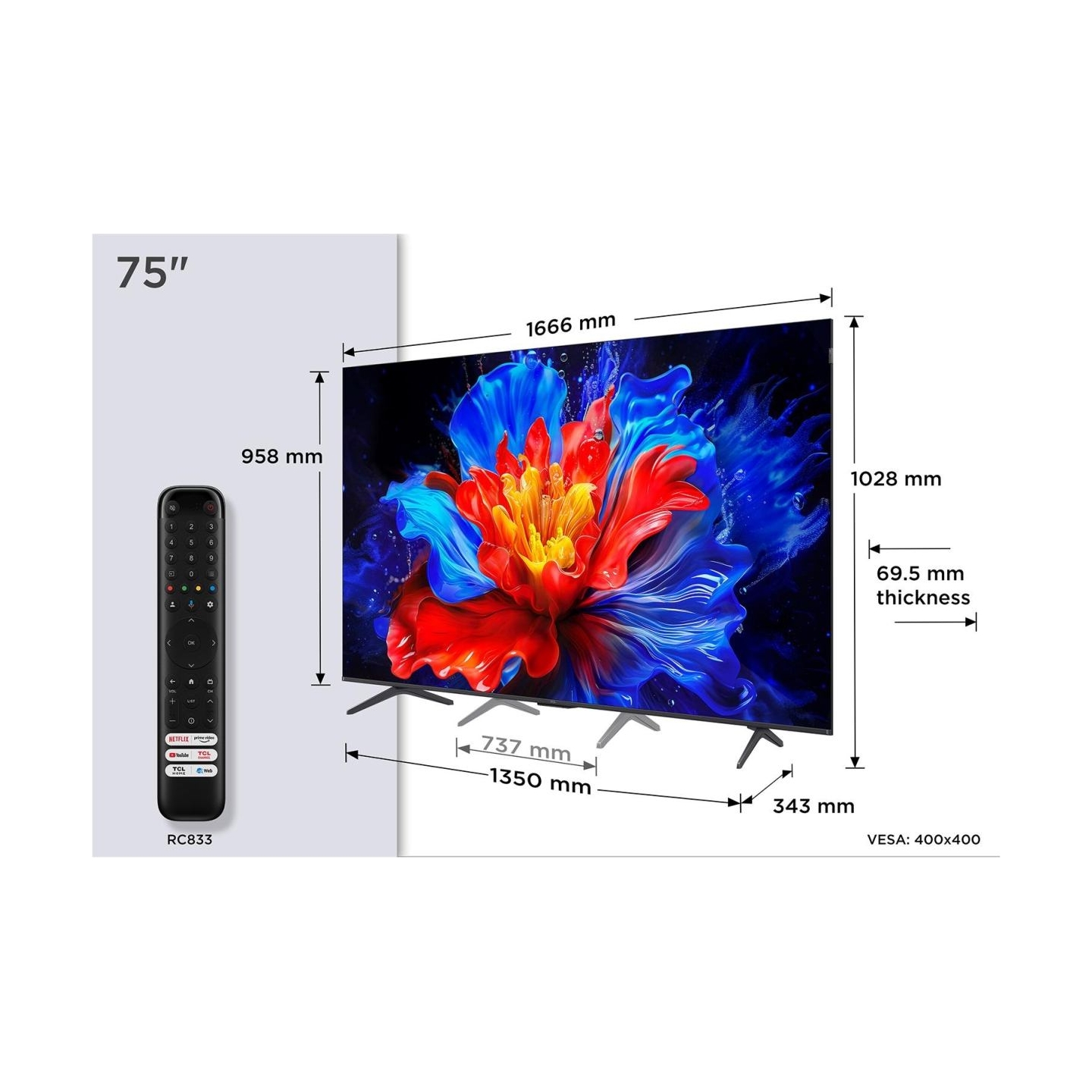 TCL TV Set|TCL|75 "|4K Ultra HD|3840 x 2160 pixels|Flat|16:9|QLED|75P8K