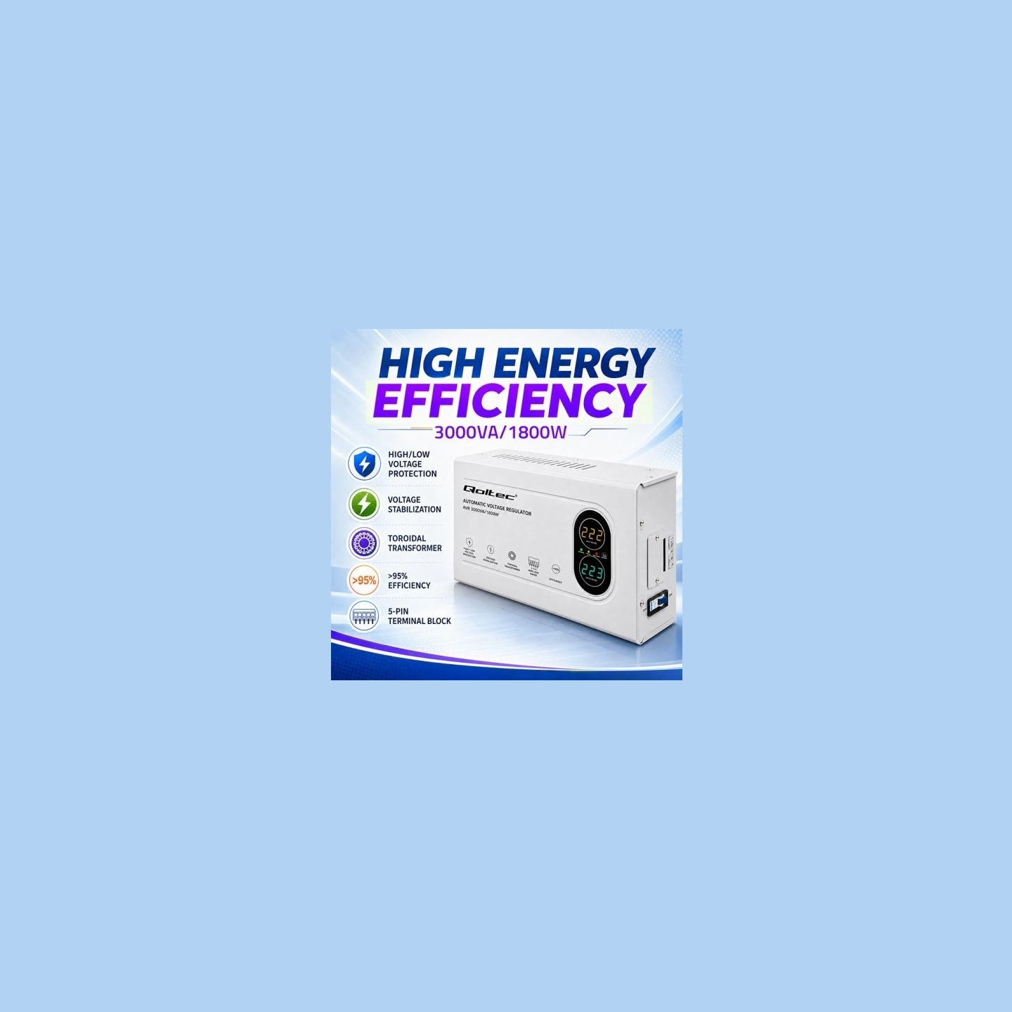 Qoltec Voltage Stabilizer AVR 3000VA 1800W Troidal