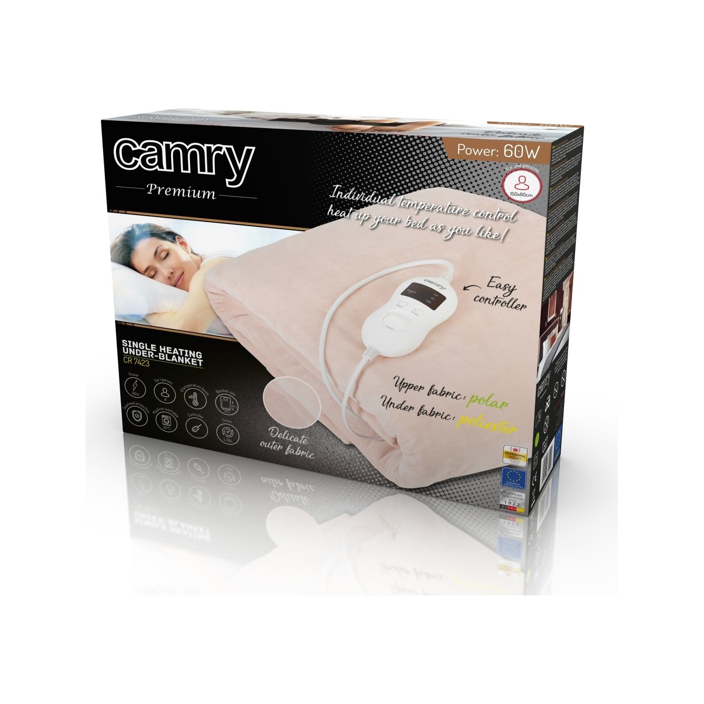 Camry | Electric blanket | CR 7423 | Number of heating levels 8 | Number of persons 1 | Washable | Coral fleece | 60 W | Beige