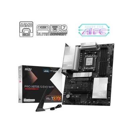 MSI PRO X870E-S EVO WIFI | Processor family AMD | Processor socket AM5 | DDR5 | Supported hard disk drive interfaces SATA, M.2 |