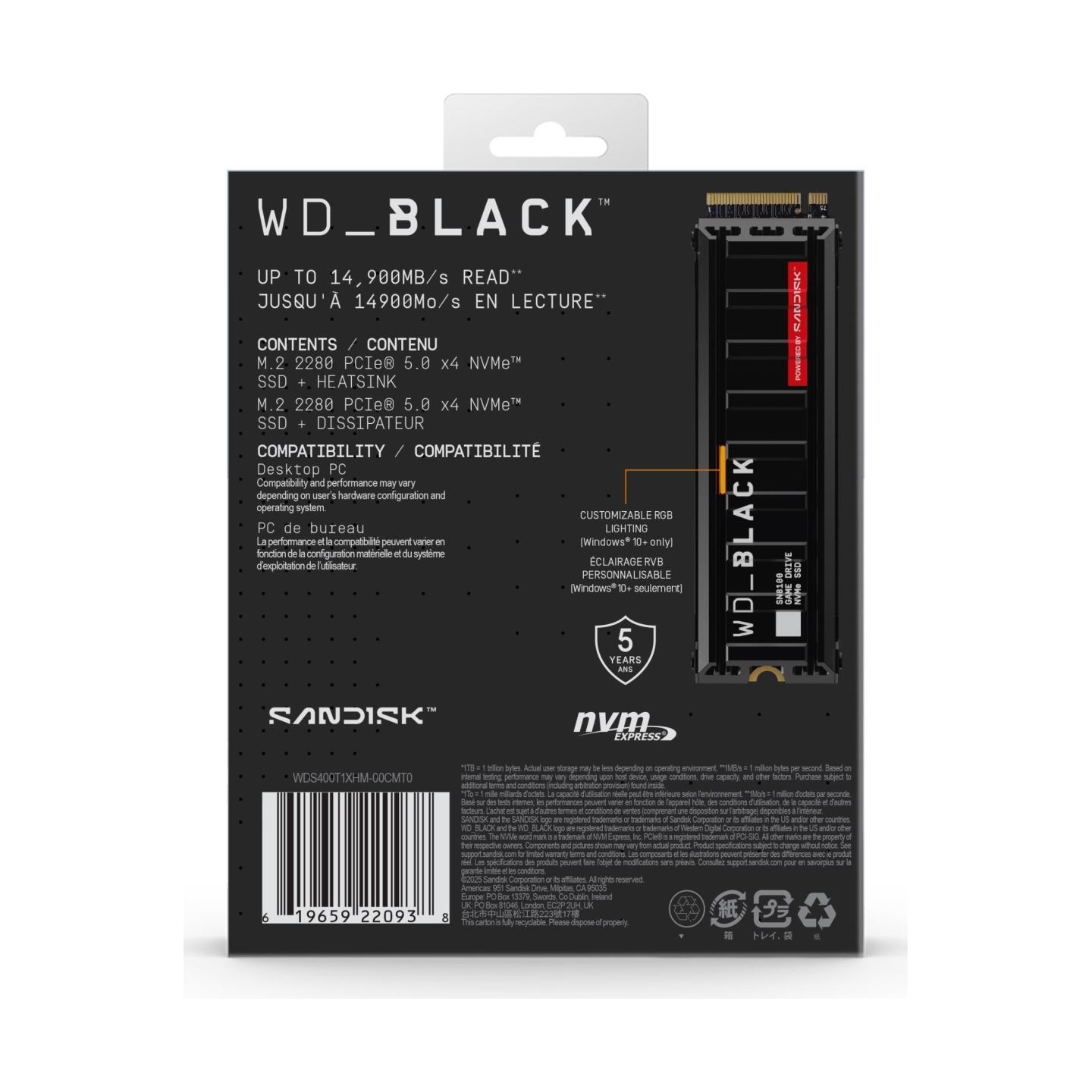 Sandisk SSD|SANDISK|2400xTBW rating|NVMe Yes|PCI Express 5.0|M.2|4000 GB|WDS400T1XHM-00CMT0
