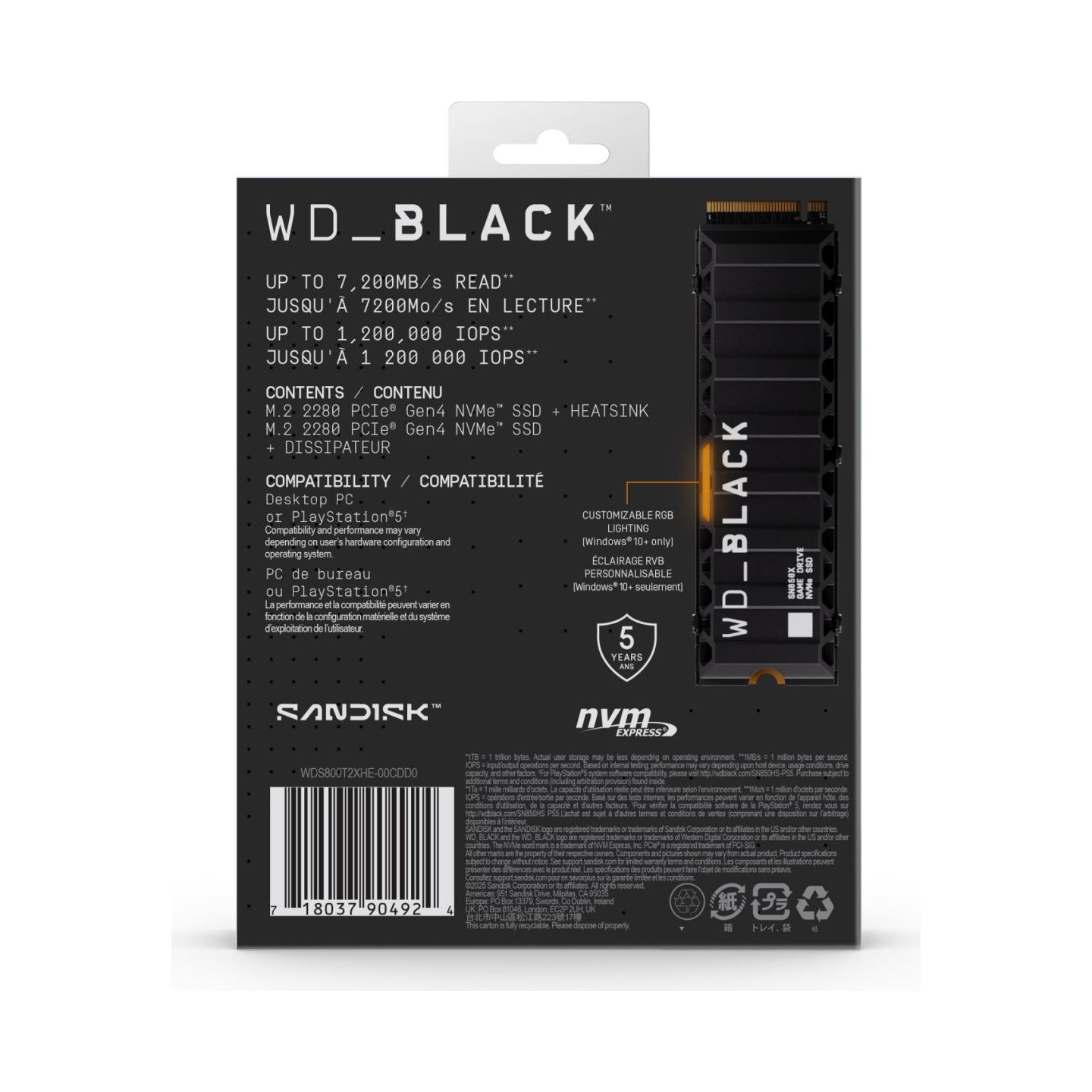 Sandisk SSD|SANDISK|4800xTBW rating|Read speed 7200 MB/s|Write speed 6600 MB/s|NVMe Yes|PCI Express 4.0|M.2|8000 GB|WDS800T2XHE