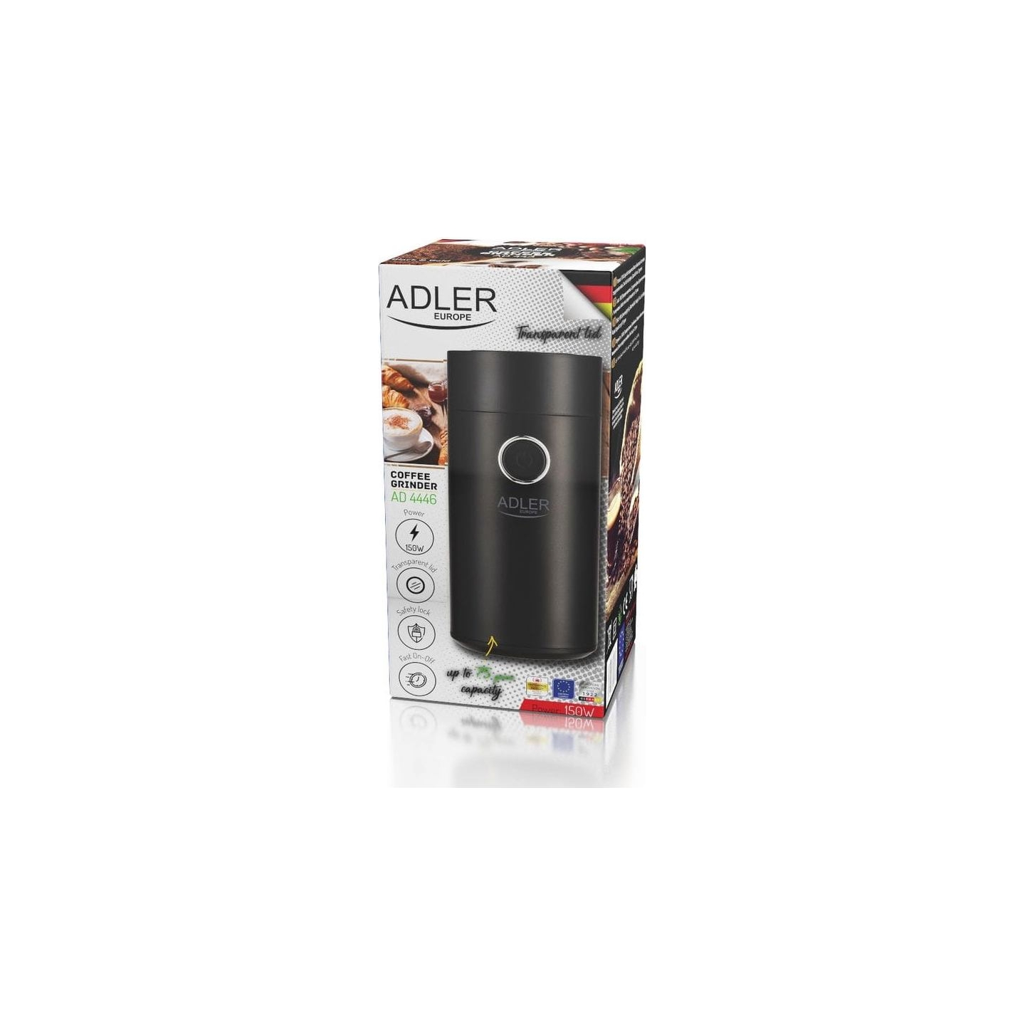 Adler | Coffee grinder | AD4446bs | 150 W | Coffee beans capacity 75 g | Lid safety switch | Black