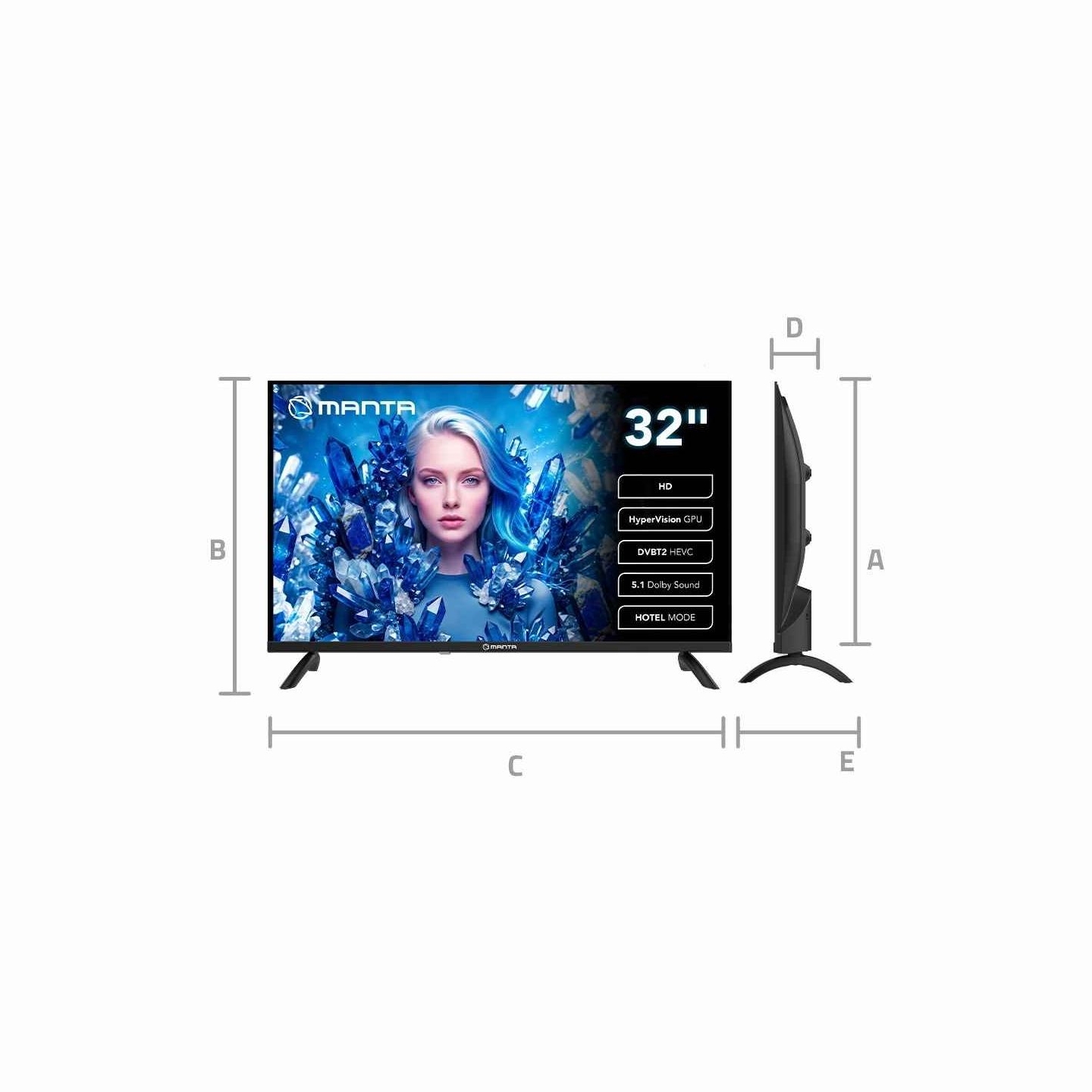 Manta MATV002LHN32 32" LED HD TV with S2 Tuner, DVBT2, HEVC/265, USB, ARC, HDMI, CI+, Slim Design, B