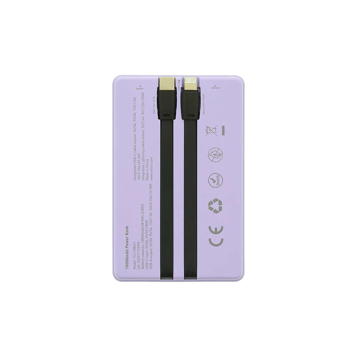 Tellur Power Bank 10000mAh, USB-C + Lightning cables built-in  purple