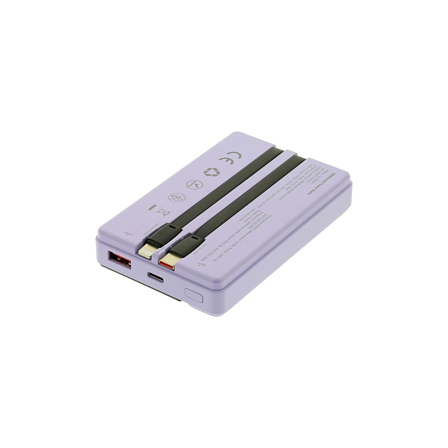Tellur Power Bank 10000mAh, USB-C + Lightning cables built-in  purple