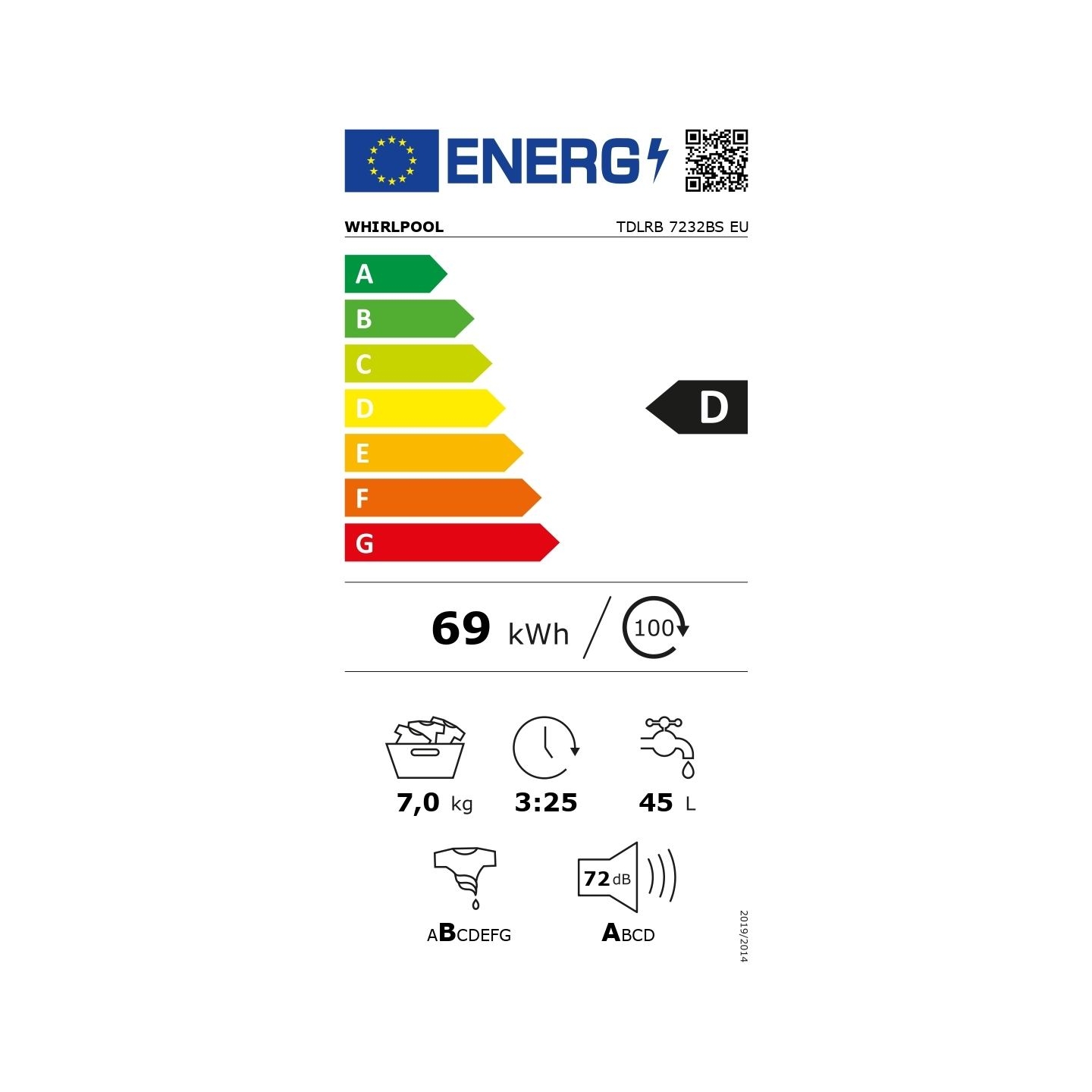 Whirlpool | Washing Machine | TDLRB 7232BS EU | Energy efficiency class D | Top loading | Washing capacity 7 kg | 1200 RPM | Dep