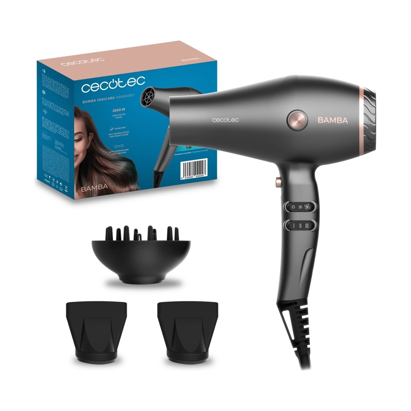 Cecotec Hair dryer | IoniCare Harmony | 2600 W | Number of temperature settings 3 | Ionic function | Grey | Diffuser nozzle