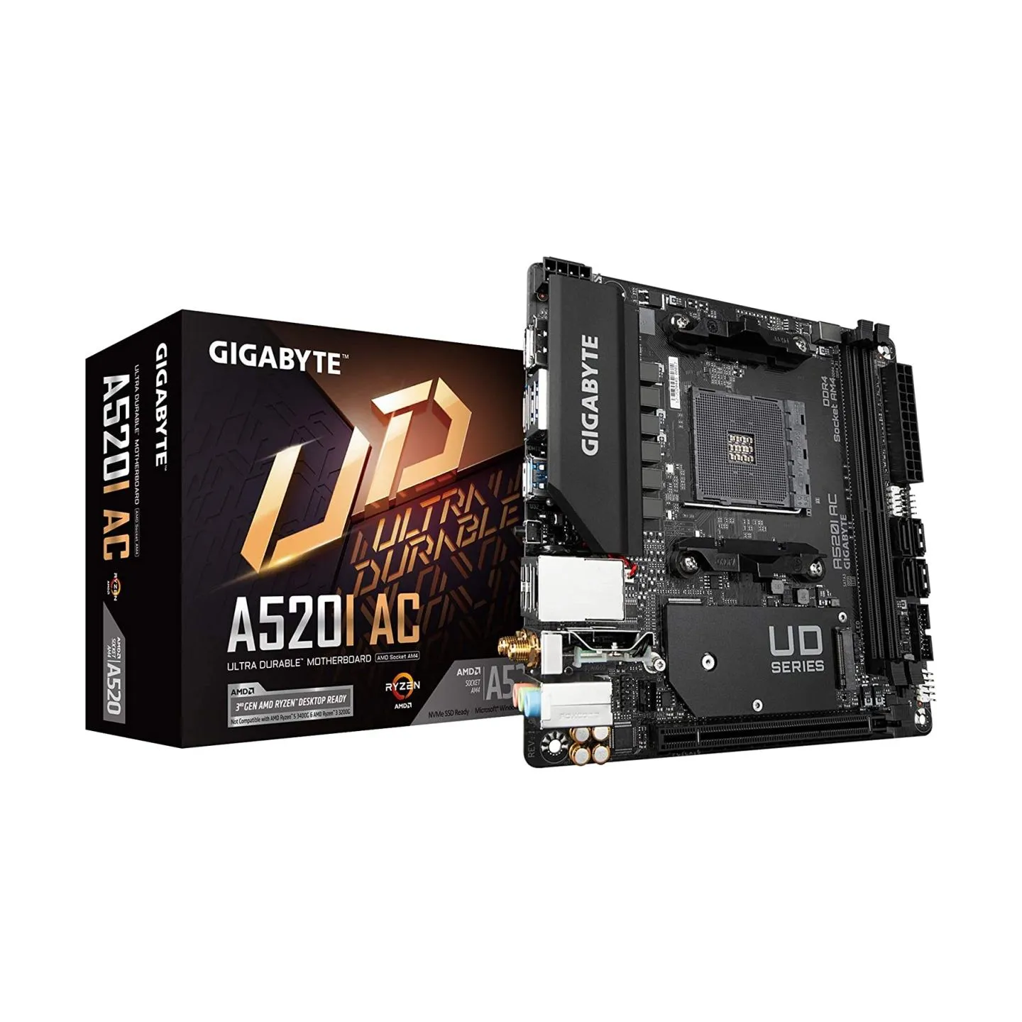 Gigabyte | A520I AC | Processor family AMD | Processor socket AM4 | DDR4 DIMM | Memory slots 2 | Number of SATA connectors 4 | C
