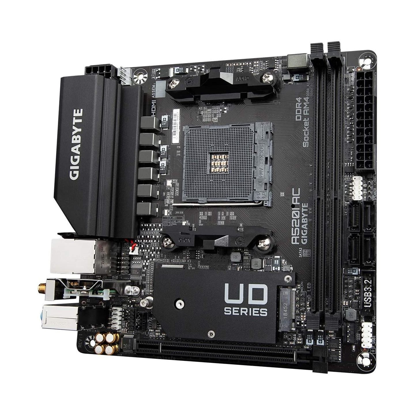 Gigabyte | A520I AC | Processor family AMD | Processor socket AM4 | DDR4 DIMM | Memory slots 2 | Number of SATA connectors 4 | C