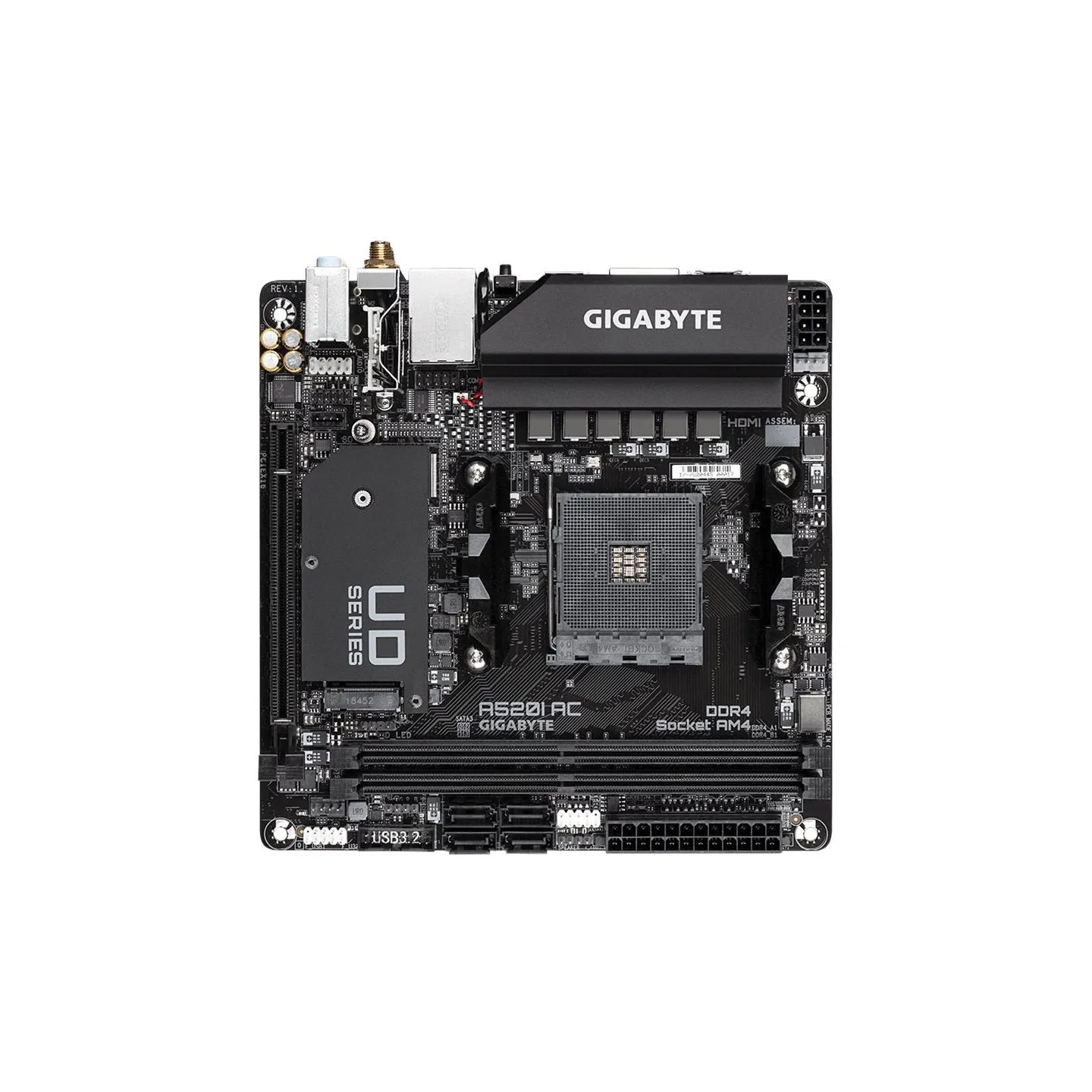 Gigabyte | A520I AC | Processor family AMD | Processor socket AM4 | DDR4 DIMM | Memory slots 2 | Number of SATA connectors 4 | C