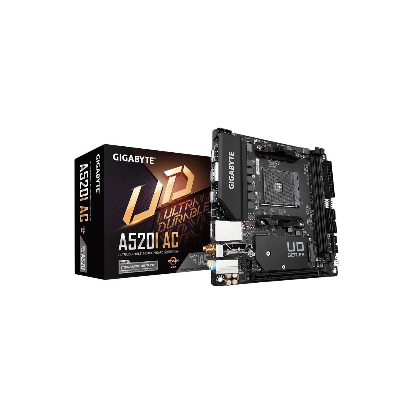Gigabyte | A520I AC | Processor family AMD | Processor socket AM4 | DDR4 DIMM | Memory slots 2 | Number of SATA connectors 4 | C