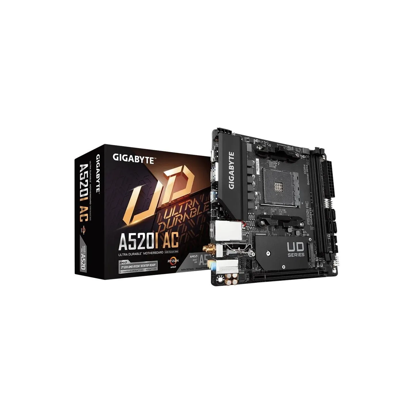 Gigabyte | A520I AC | Processor family AMD | Processor socket AM4 | DDR4 DIMM | Memory slots 2 | Number of SATA connectors 4 | C