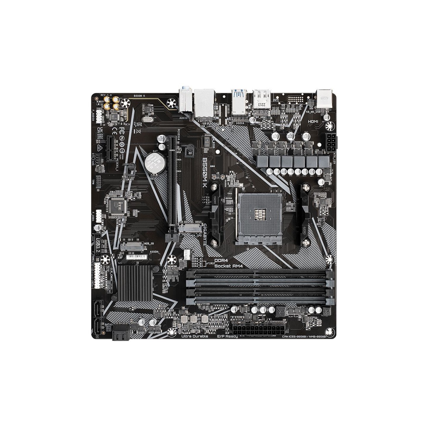 Gigabyte | B550M K 1.0 M/B | Processor family AMD | Processor socket AM4 | DDR4 DIMM | Memory slots 4 | Supported hard disk driv