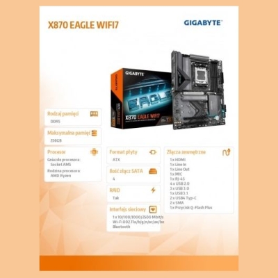 Gigabyte X870 EAGLE WIFI7 | Processor family AMD | Processor socket AM5 | DDR5 DIMM | Supported hard disk drive interfaces SATA,