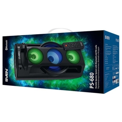 Sven PS-680 2x32.5W; LED display; TWS; FM radio; AUX; USB/SD-card support;Lighting; Microphone input (karaoke); Remote Control; 
