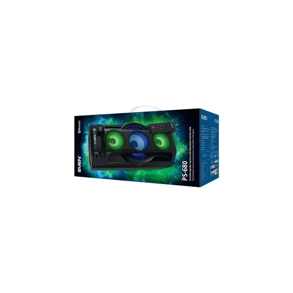 Sven PS-680 2x32.5W; LED display; TWS; FM radio; AUX; USB/SD-card support;Lighting; Microphone input (karaoke); Remote Control; 