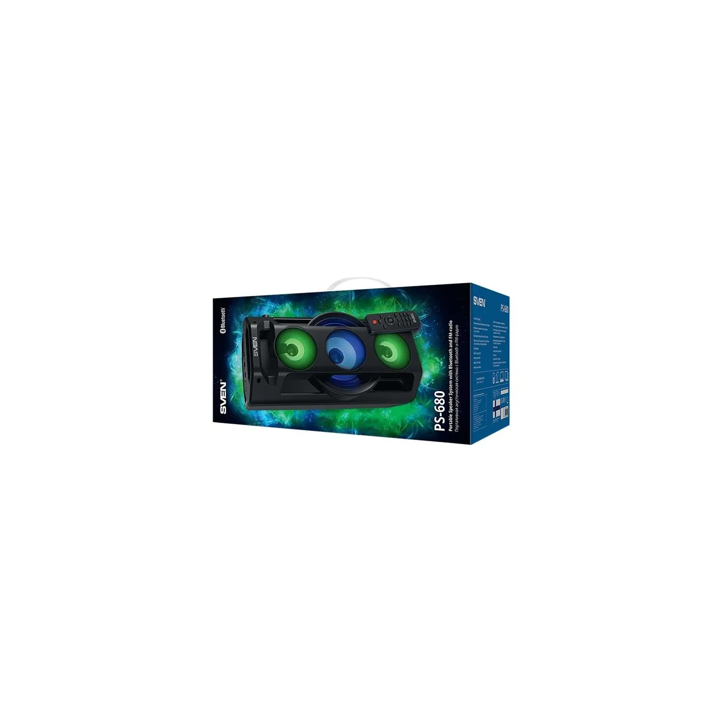 Sven PS-680 2x32.5W; LED display; TWS; FM radio; AUX; USB/SD-card support;Lighting; Microphone input (karaoke); Remote Control; 